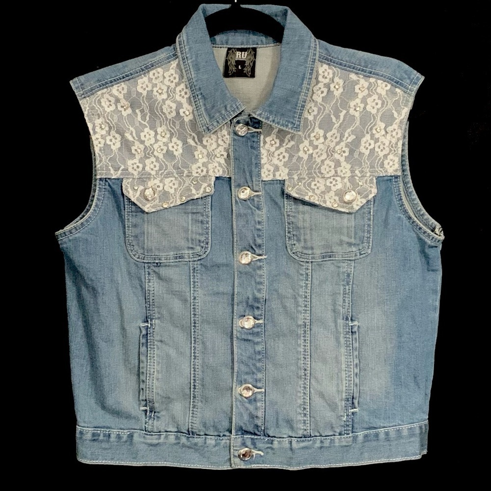 RU Apparel Lace & Rhinestone Embellished Denim Vest